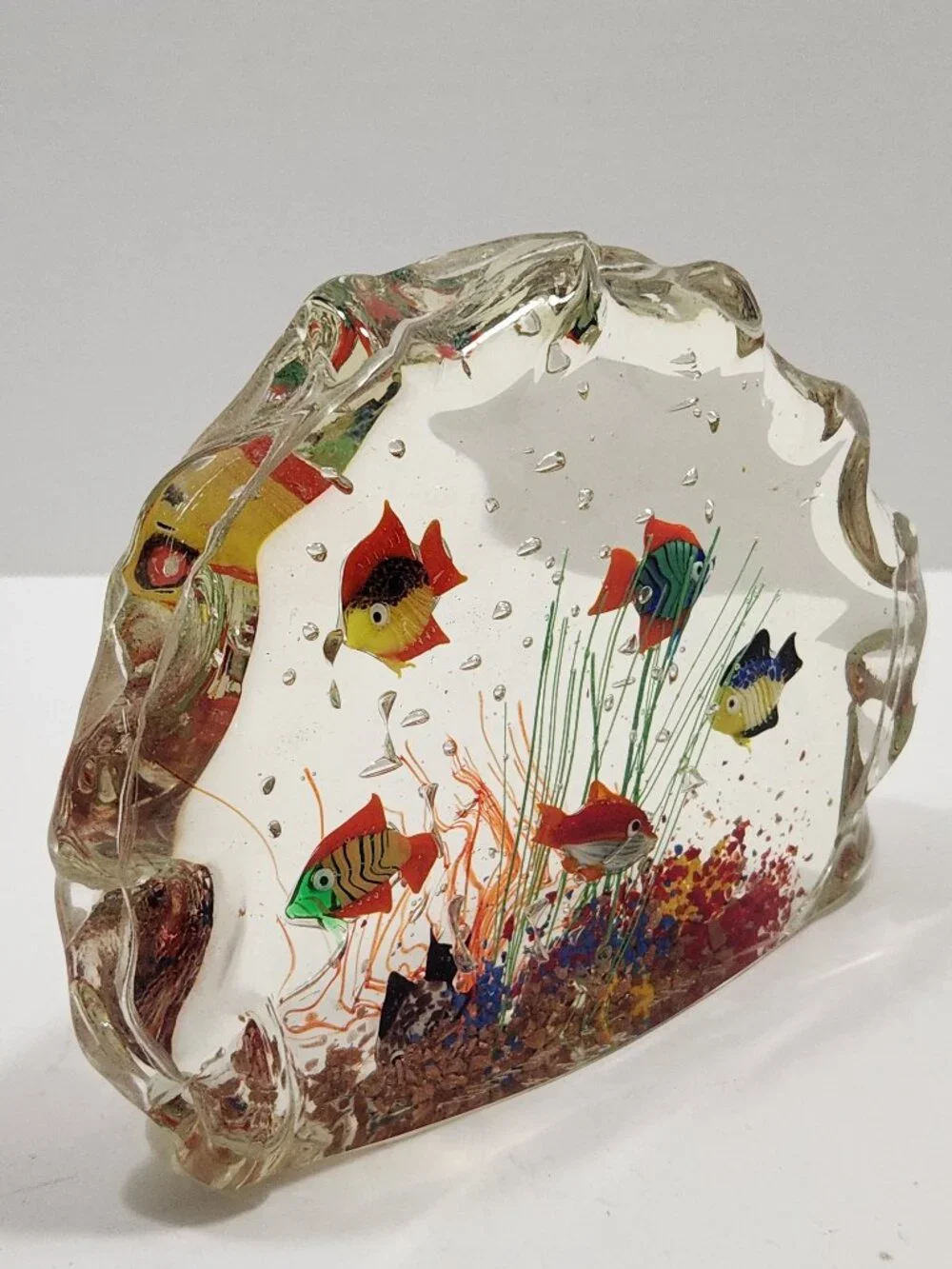 Vintage Signed Murano Glass Aquarium 6-Fish Sculpture Wave Molded Label #7726